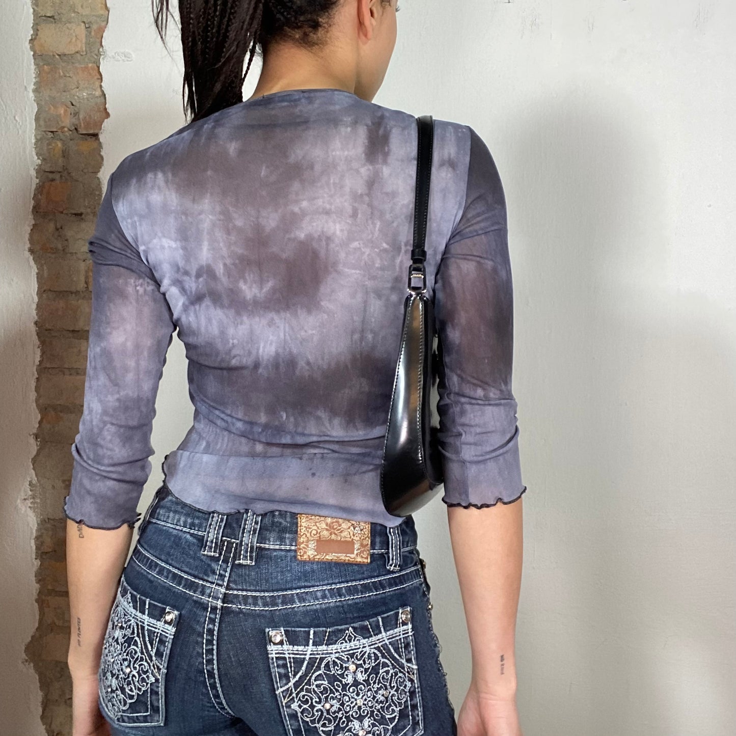 Vintage 2000's Morgan De Toi Grey Blue Mesh Midi Sleeve Top with Eagle Print (S)
