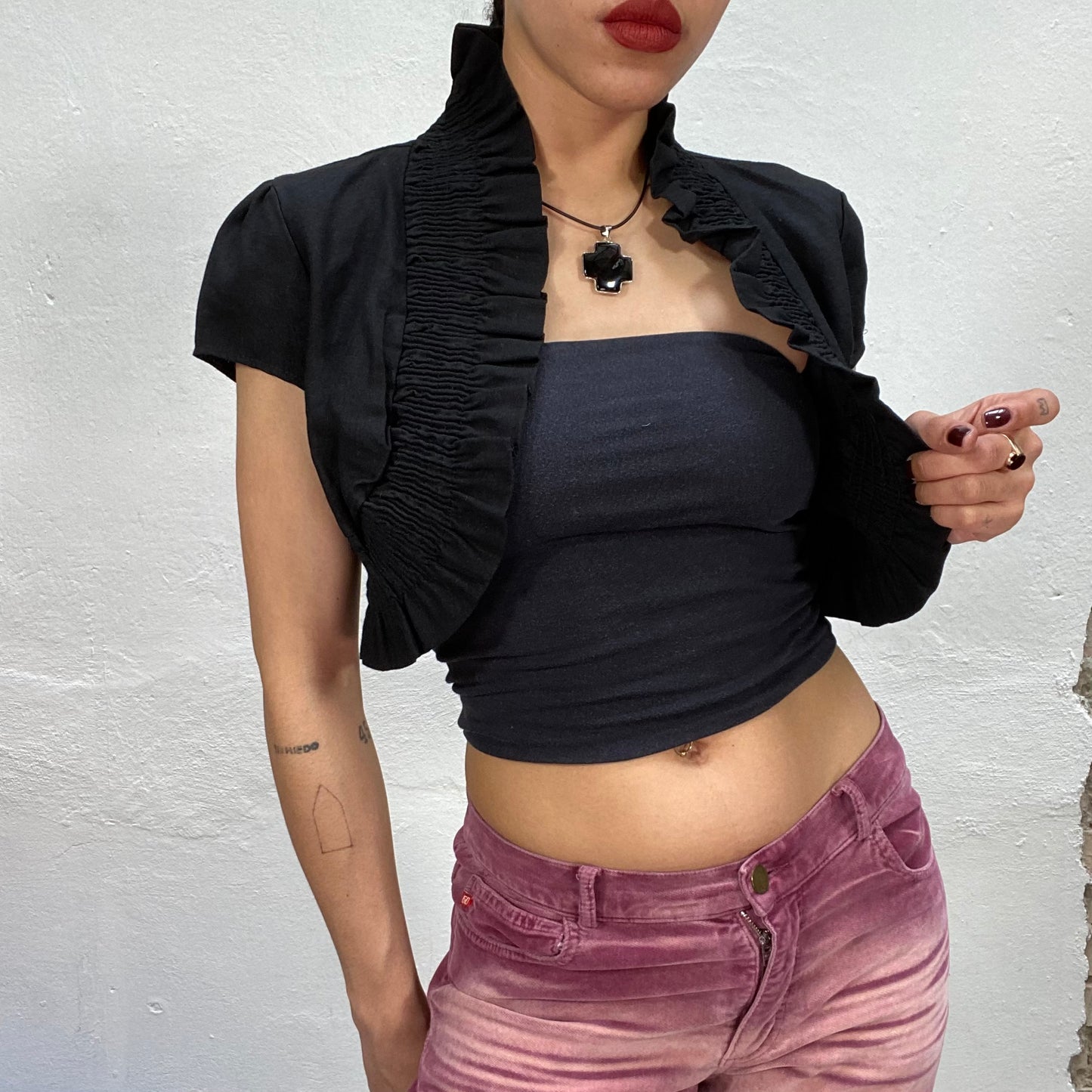 Vintage 2000's Coquette Black Bolero Shirt with Ruffle Details (S/M)