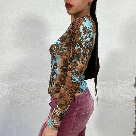 Vintage 2000's Indie Brown and Blue Longsleeve with Leo and Prnament Print (S)
