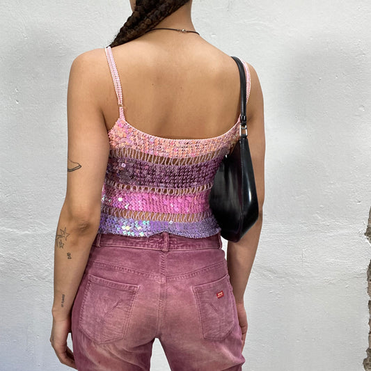 Vintage 2000's Festival Pink Crochet Sequin Top (S)