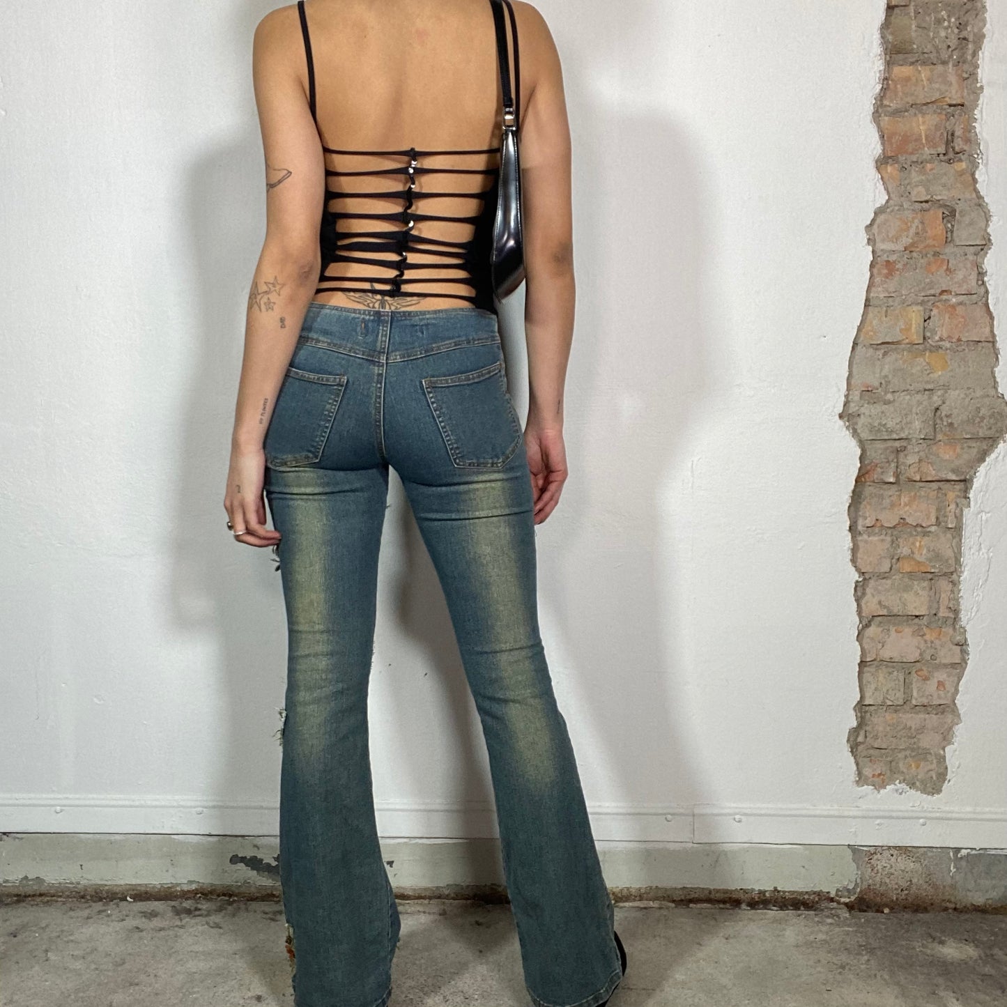Vintage 2000's Grunge Flared Jeans with Denim Patch Details (S)