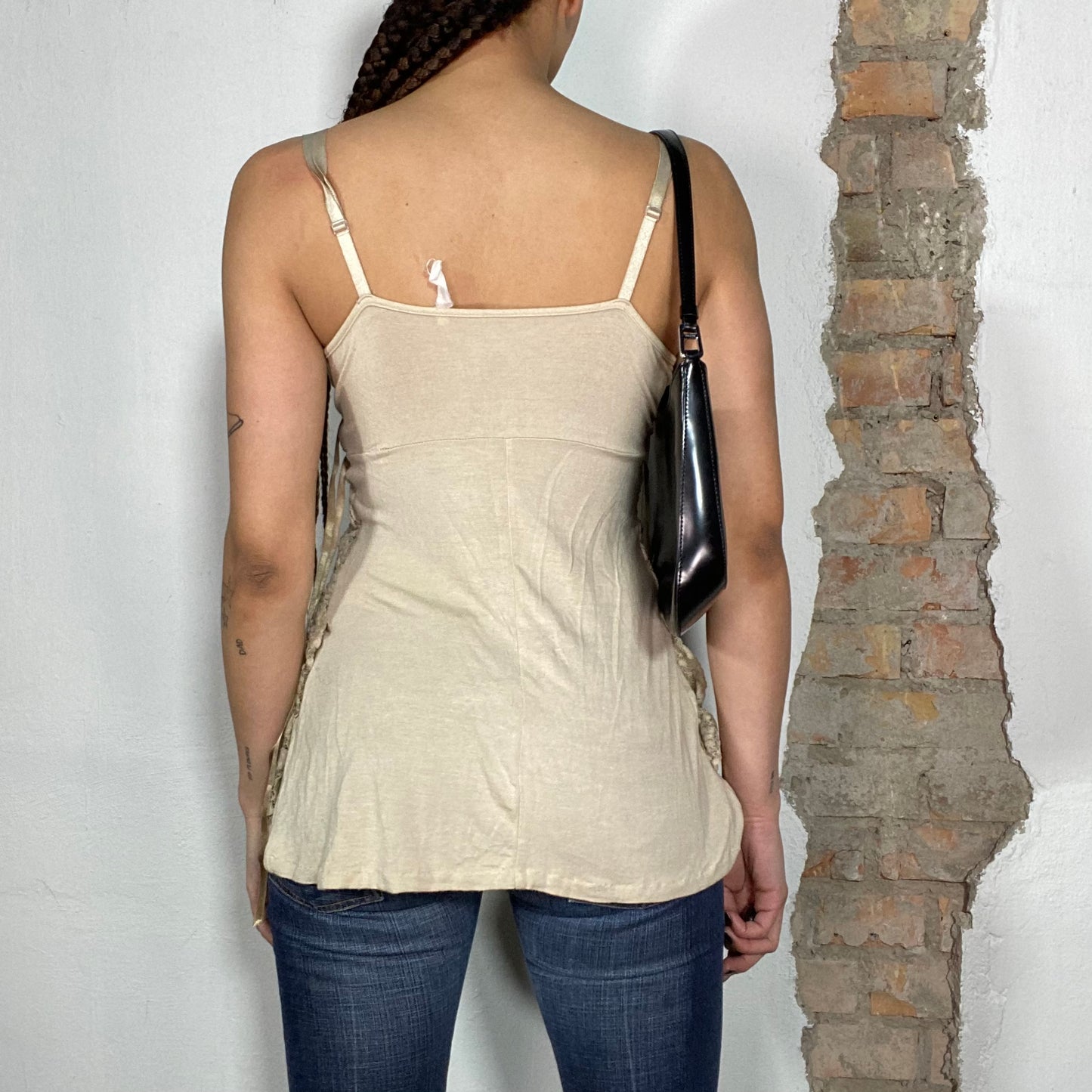 Vintage 2000's Indie Khaki Flowy Long Top with Ribbon Details (S)