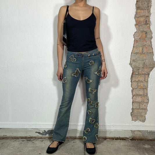 Vintage 2000's Grunge Flared Jeans with Denim Patch Details (S)