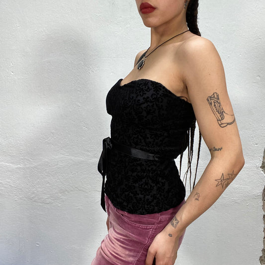 Vintage 90's Gothic Coquette Corset Top with Velvet Ornament Structure Print (S)