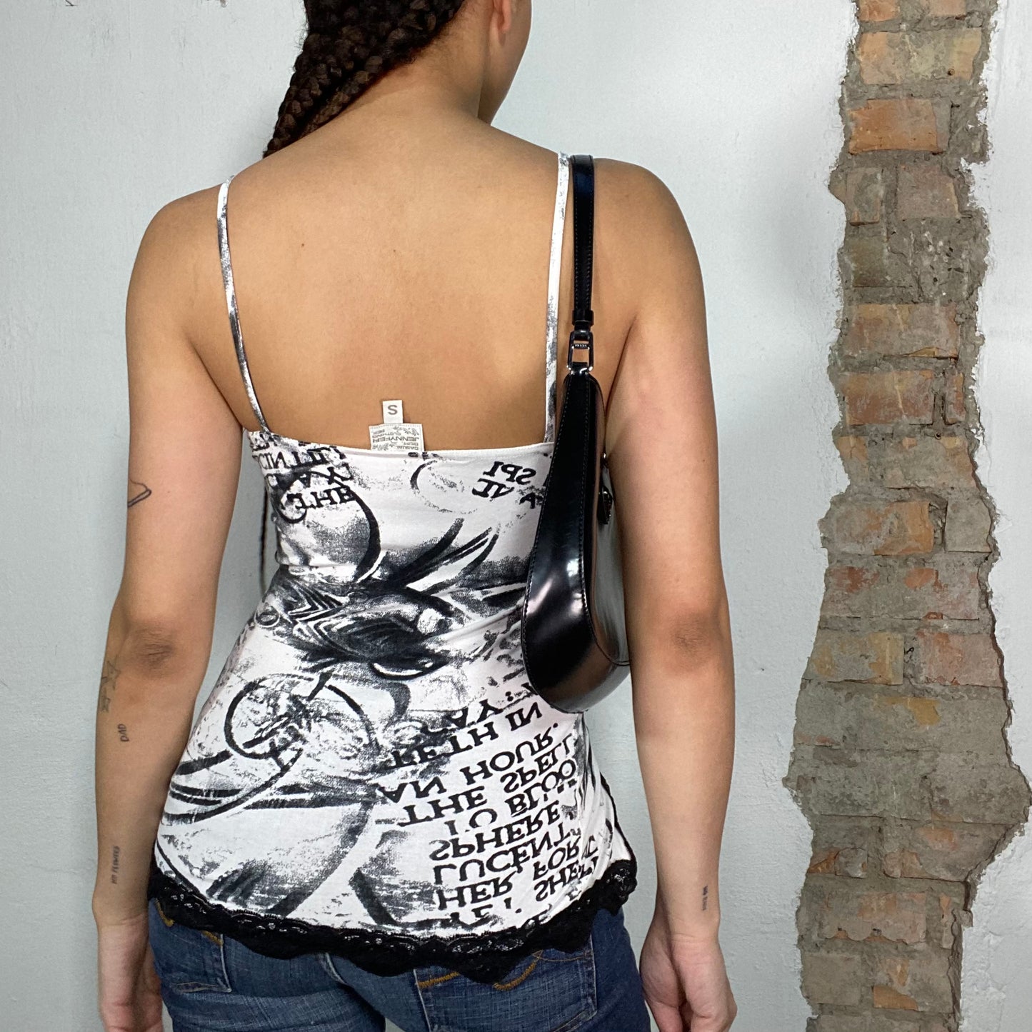 Vintage 2000's Dowtown Girl Black and White Print Top with Black Lace Detail (S)