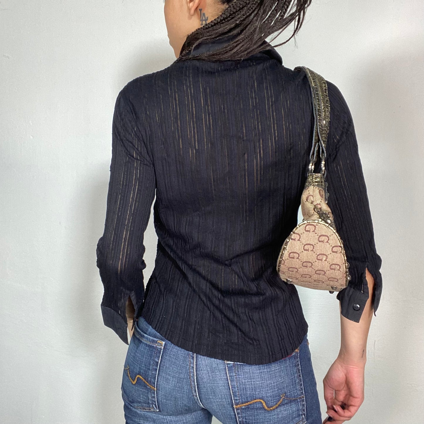 Vintage 2000's Classic Mesh Striped Button Up Blouse (M)