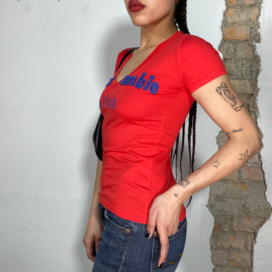 Vintage 2000's Abercrombie Red V-Neck Shirt with Blue Logo Print (S)