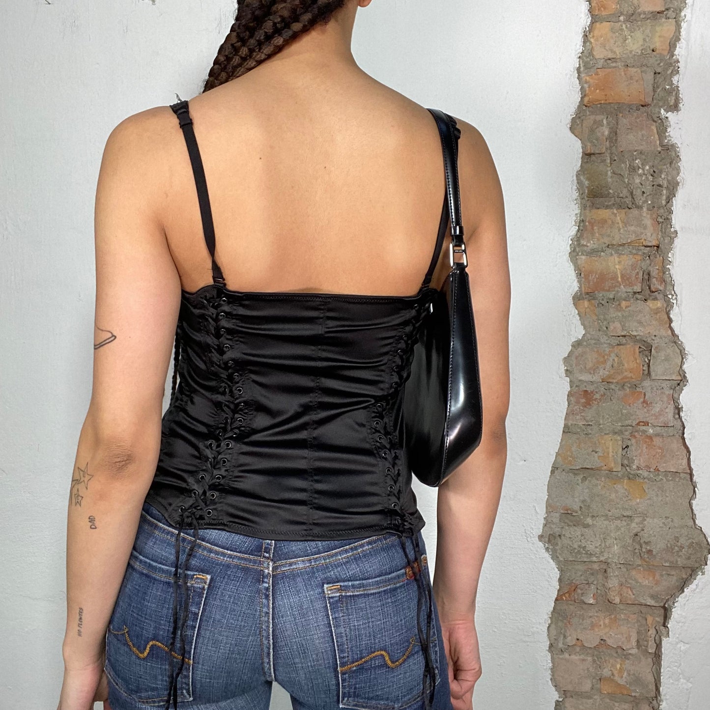 Vintage 2000's Coquette Black Silky Bustier Top with Floral Embroidery (S/M)