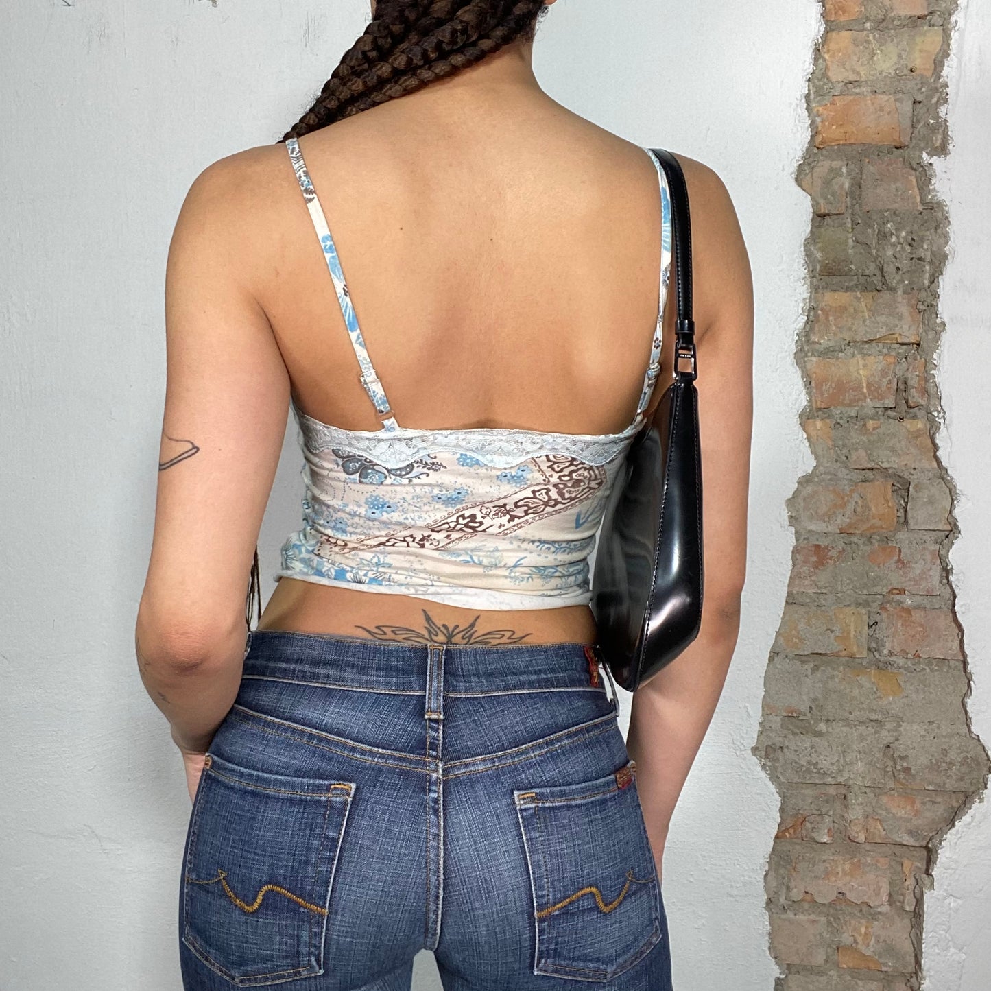 Vintage 2000's Indie Blue and Beige Top with Lace and Ruffle Detail (S)