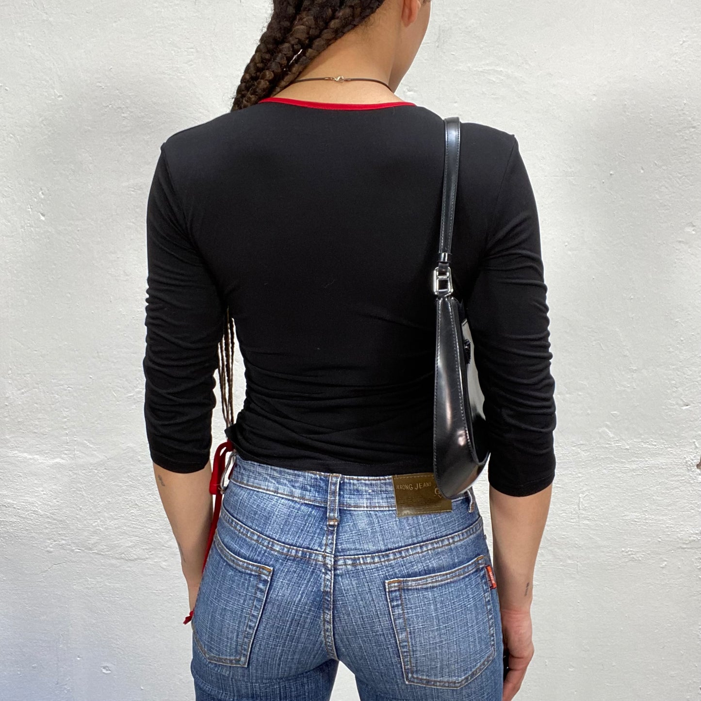 Vintage 90's Downtown Girl Black Wrap Top with Red Hem (S)