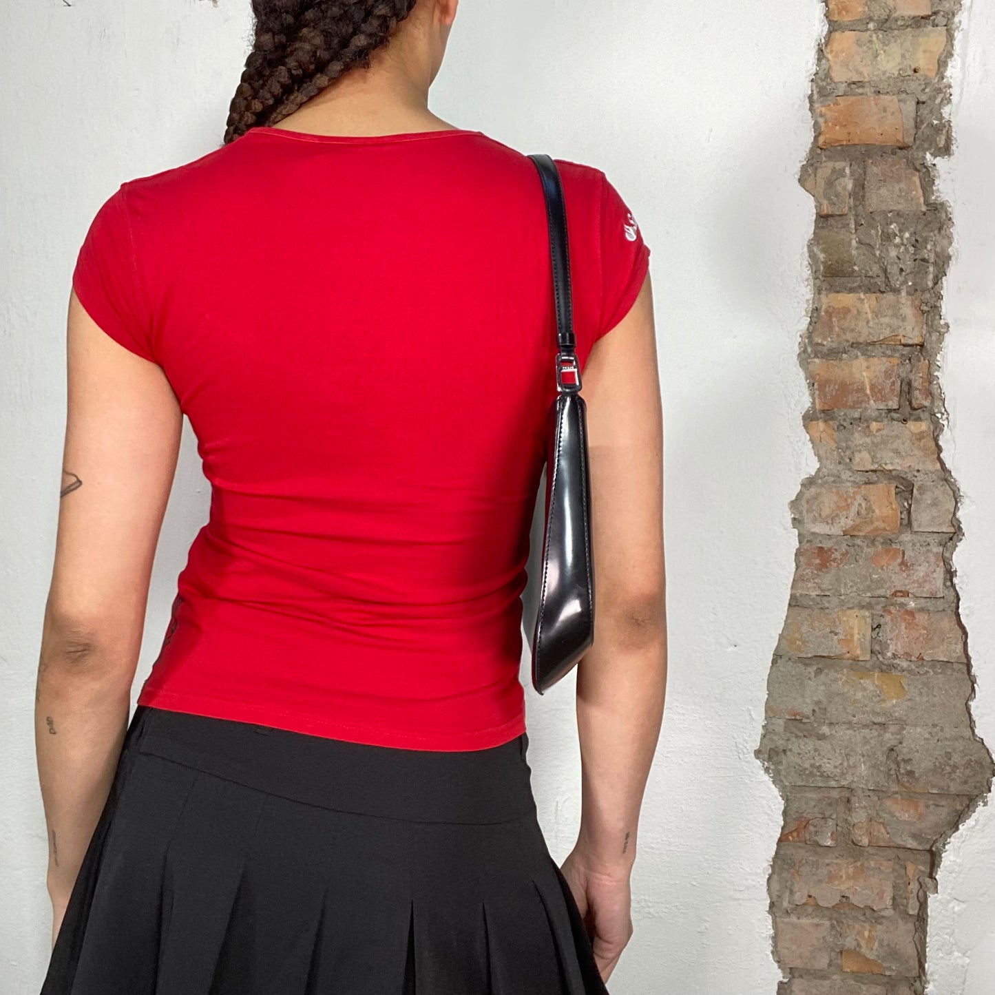 Vintage 2000's Ferrari Red Baby Tee with Logo Patch Detail (S)