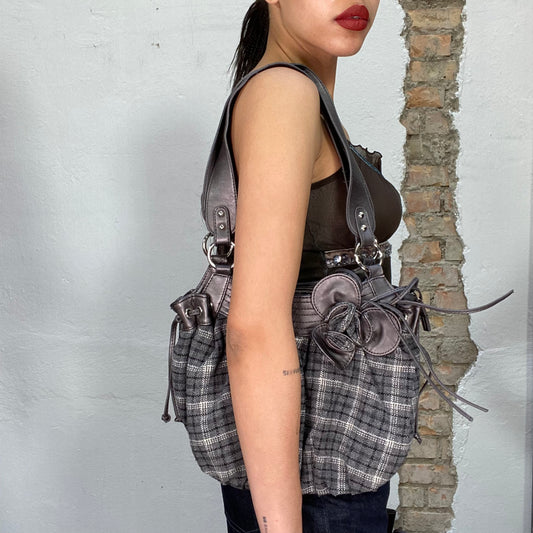 Vintage 2000's Gilmore Girls Grey Plaid Slouchy Shoulder Bag with Brown Leather Details