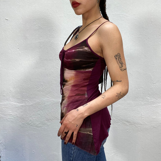 Vintage 2000's Downtown Girl Bordeaux Red and Brown Batik Halter Neck Long Shirt (S)