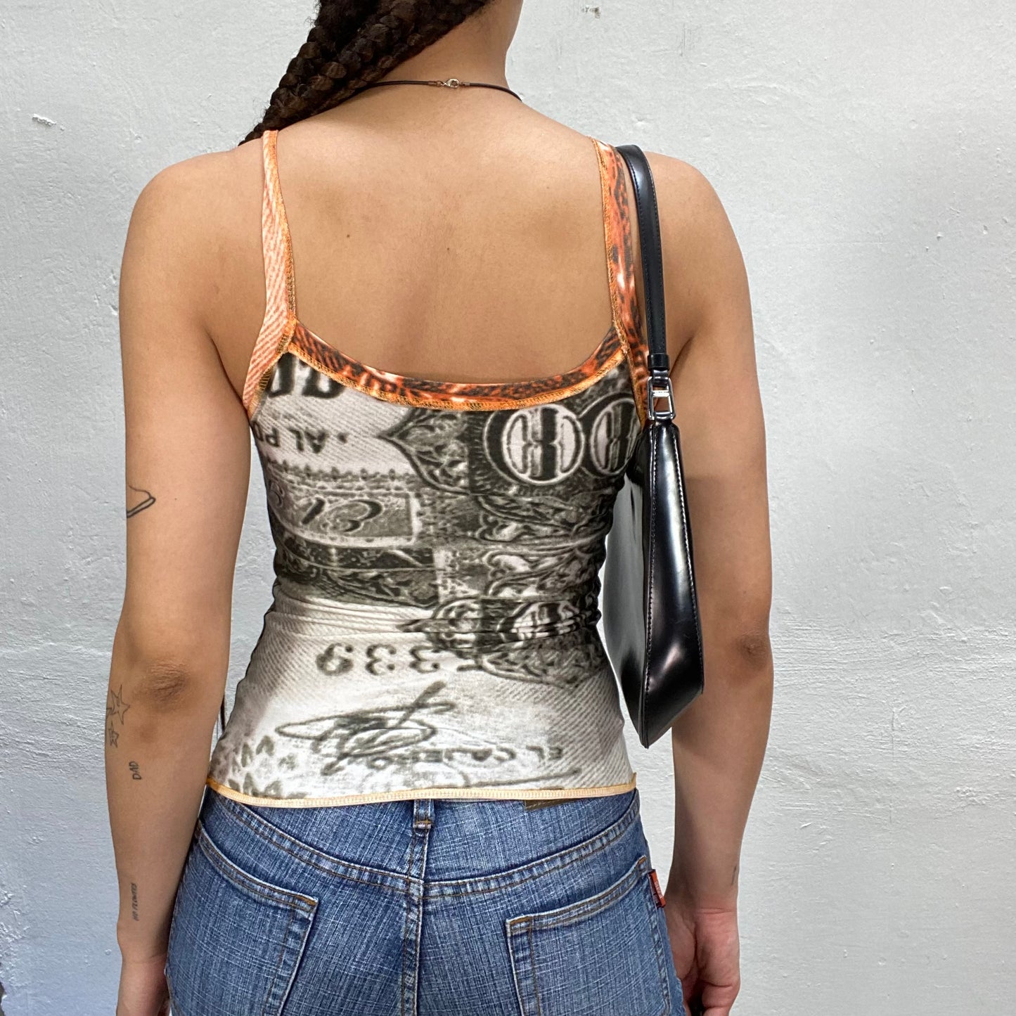 Vintage 2000's Grunge Orange and Grey Patchwork Top (S)