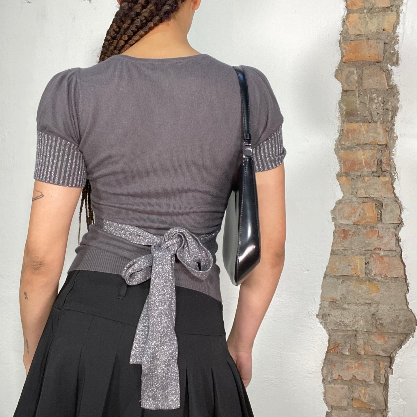 Vintage 2000's Downtown Girl Grey Knit Top with Silver Waist Band Detail (S)