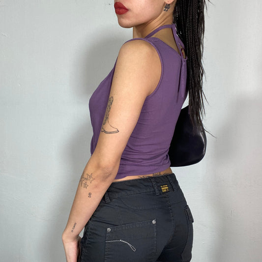 Vintage 90's Fairy Purple Top with Halter Neck and Beaded Flower Detail (S)