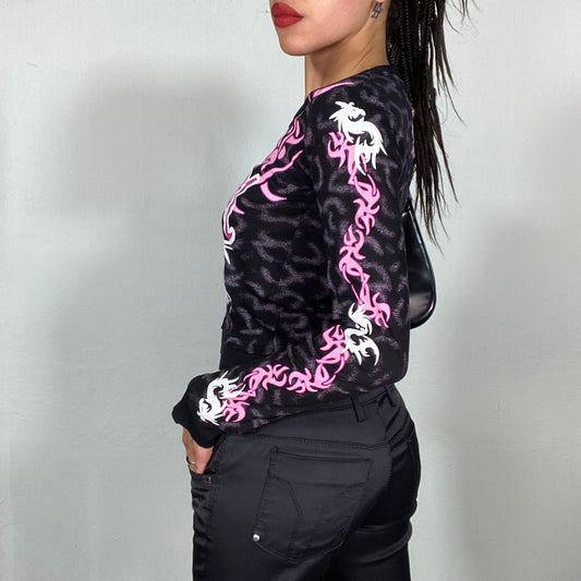 Vintage 2000's Cyber Black Longsleeve with Pink Tribal Print (S/M)