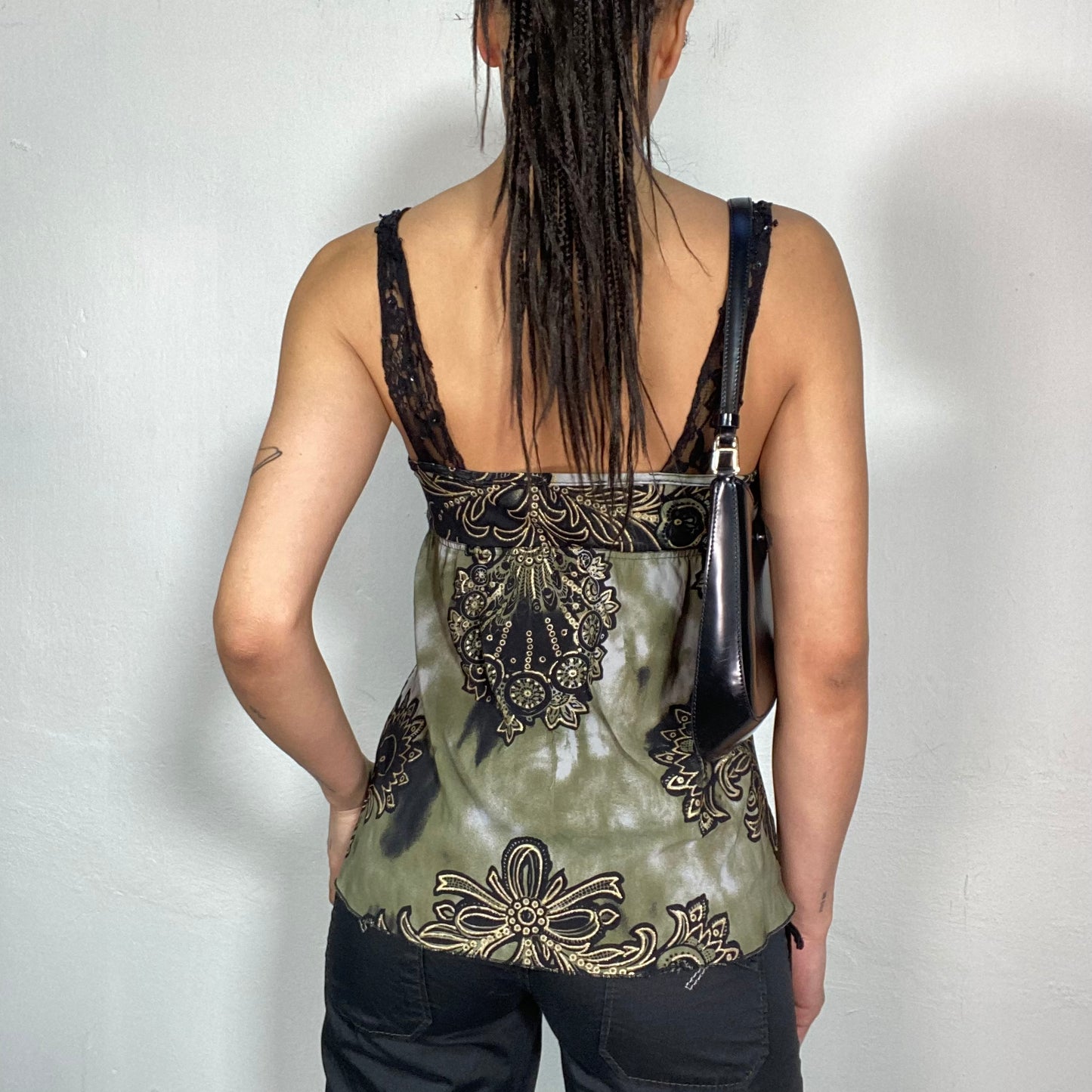 Vintage 2000's Fairy Grunge Khaki Top with Black Lace Details and Paisley Print (S)