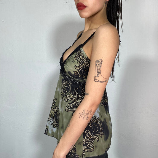 Vintage 2000's Fairy Grunge Khaki Top with Black Lace Details and Paisley Print (S)