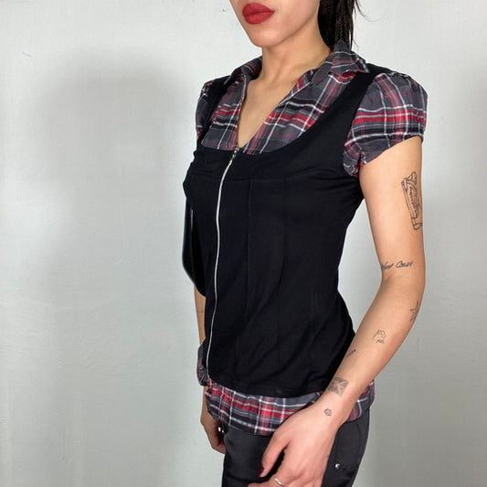 Vintage 90's 'Rachel Green' Black Corset Top with Plaid Shirt Underneath (M)