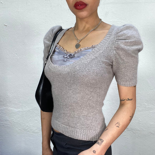 Vintage 2000's Ballet Grey Knit Shirt with Puffy Sleeves (S)