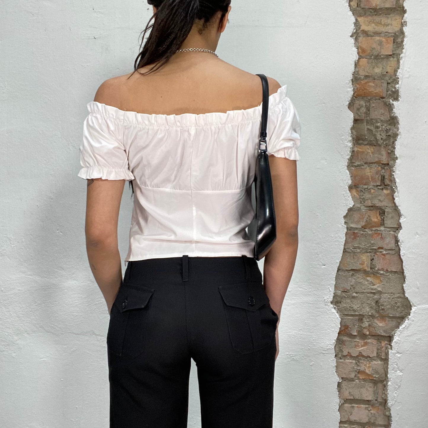 Downtown Girl White Ruffle Blouse with Bow Detail (M)