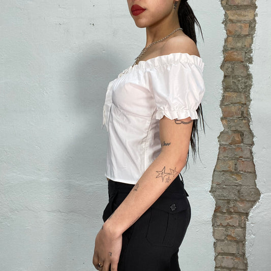 Downtown Girl White Ruffle Blouse with Bow Detail (M)