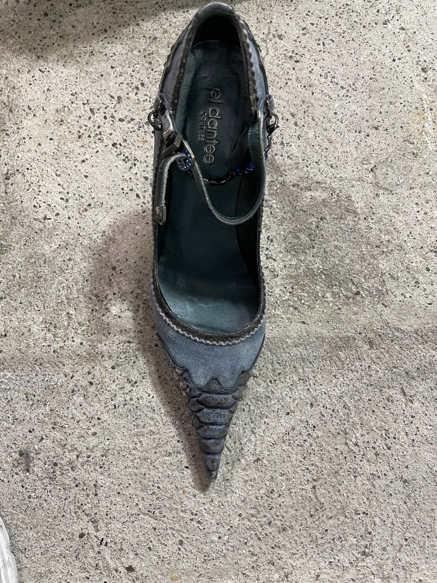 Vintage 2000's Bella Hadid Leather Stilettos with Snake Print and Chain Detail(39)