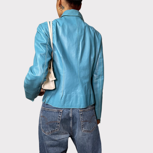 Vintage 2000 Funky Aqua Blue Button Up Leather Jacket with Stitching Details(S)