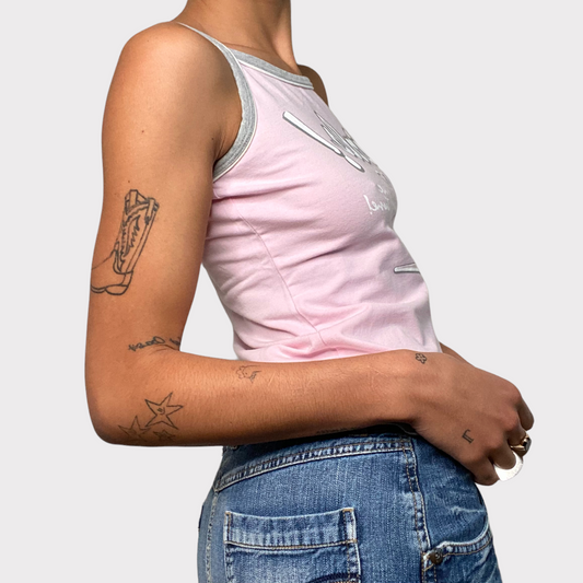Vintage 2000's Skater Pink Top with Grey Hem Details and Waist Band (S)