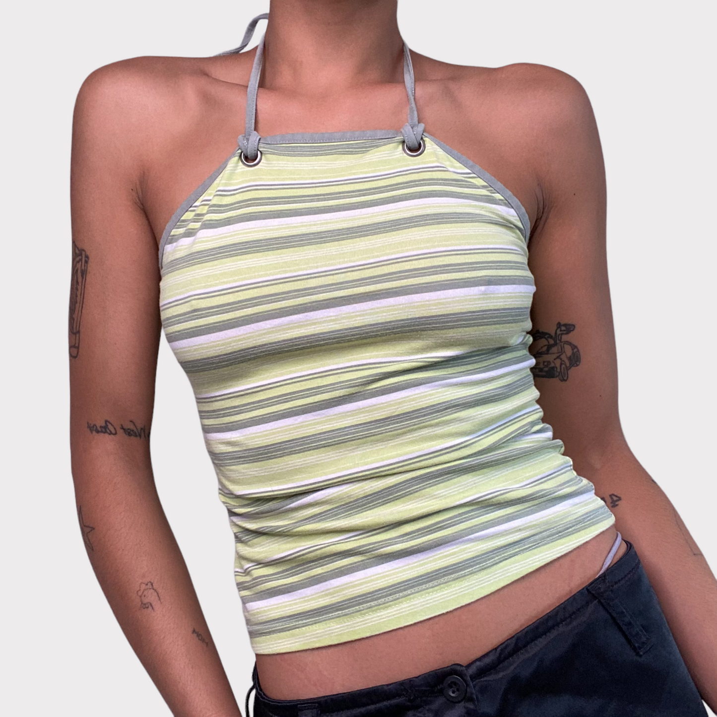 Vintage 90's Skater Green Striped Halter Neck Top with Metal Details (S)
