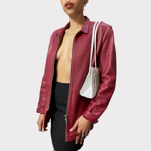Vintage 2000 Classic Dark Red Leather Jacket with Zipper (S)