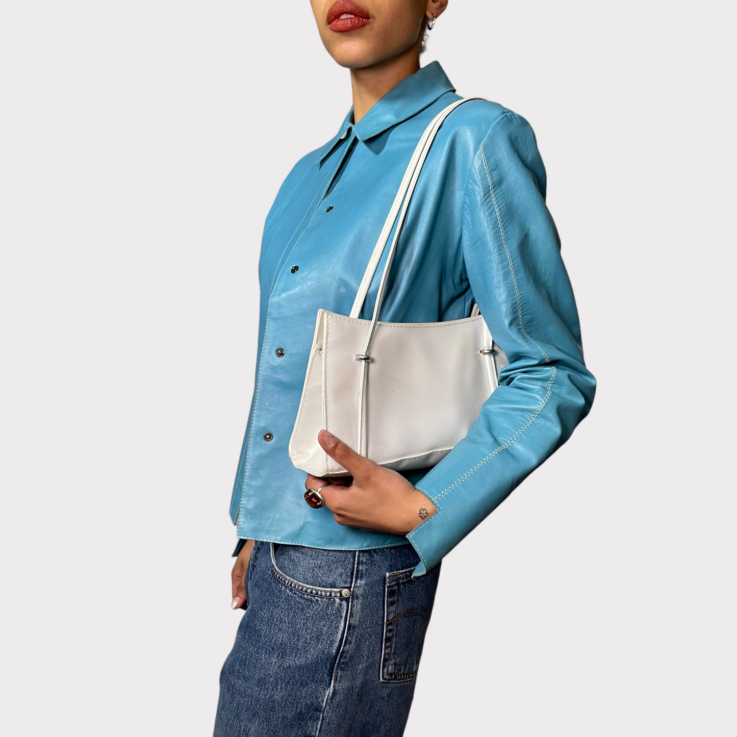 Vintage 2000 Funky Aqua Blue Button Up Leather Jacket with Stitching Details(S)