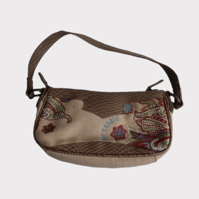Vintage 90's Archive Just Cavalli Beige Shoulder Bag with Floral Embroidery