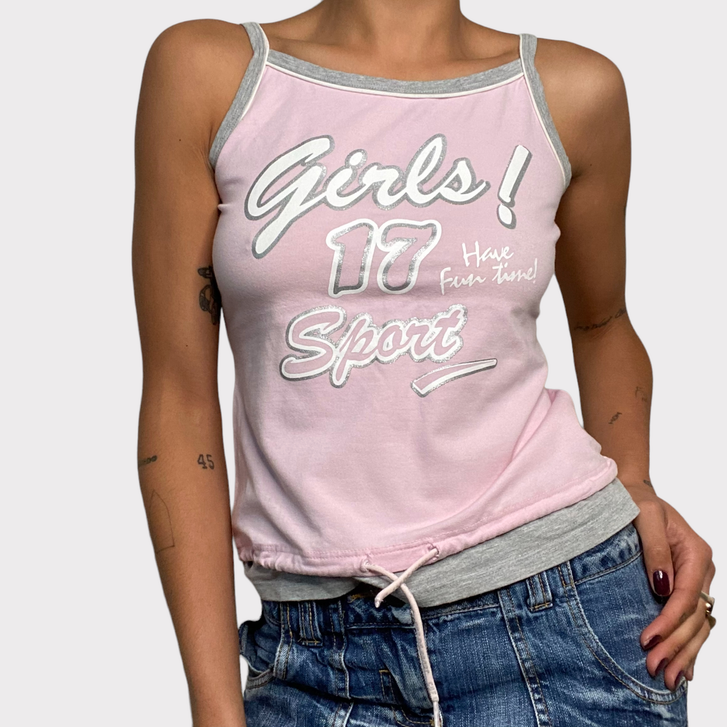 Vintage 2000's Skater Pink Top with Grey Hem Details and Waist Band (S)