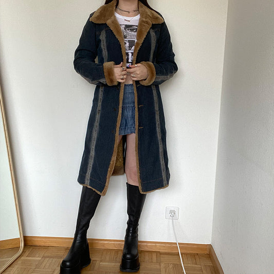 Vintage 90's Phoebe Buffay Denim Coat with Furry Trim (M / 40 EU / UK 12- Vegan)