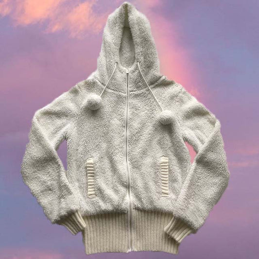 Vintage Y2K Fluffy Hoodie with Pom Pom Details (L)
