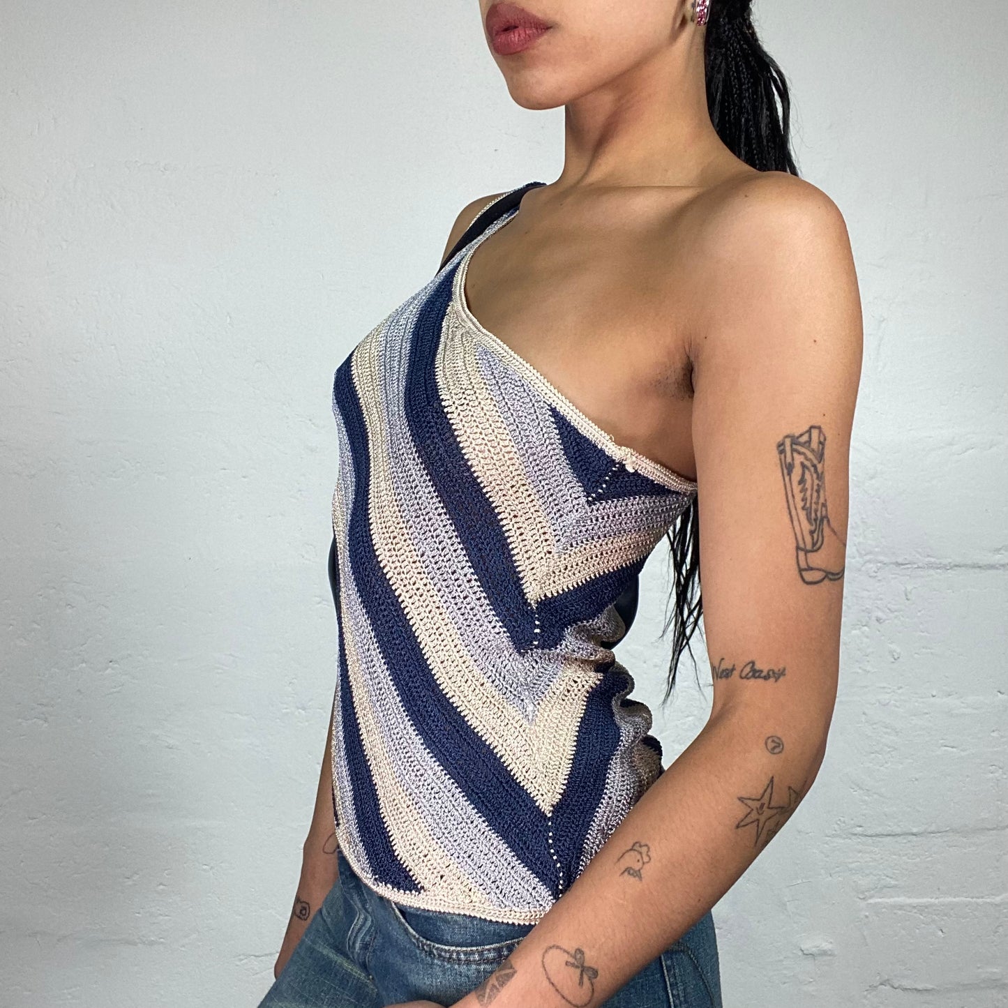 Vintage 2000's Funky Shimmer Jersey Striped One Shoulder Top (M)