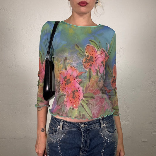 Vintage 2000's Downtown Girl Blue and Green Tie Dye Longsleeve Top with Flower Print and Rhinestone Details (M)