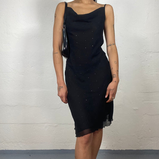 Vintage 2000’s Audrey Black Knee Length Chiffon See Through Draped Cami Dress with Rhinestone Details (M)
