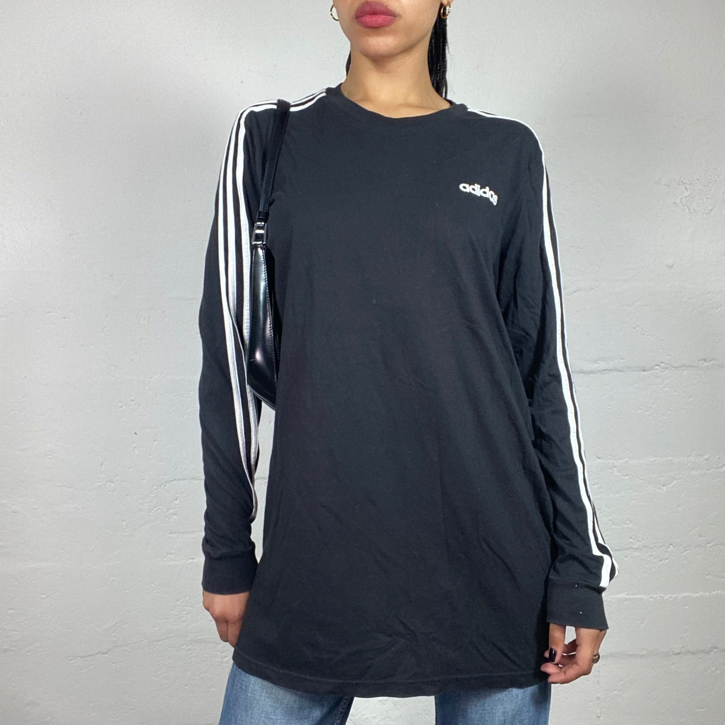 Vintage 2000's Archive Adidas Black Longsleeve Top with White Side Stripes and Logo (L)