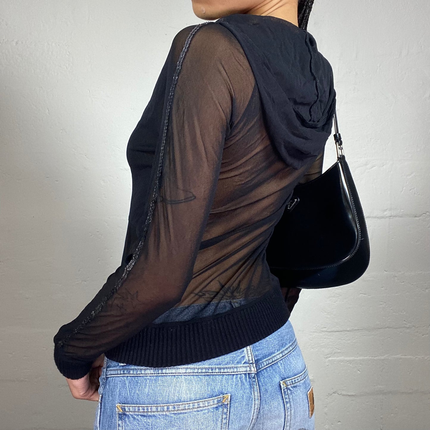 Vintage 2000's Glamorous Black Mesh Details Zip Up Hooded Top with Silver Sequin Embroidery (S/M)