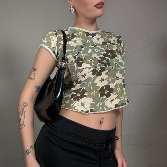 Vintage 90's Surfer Girl Khaki Crop Top with Hibiscus Camo Print Detail (S)