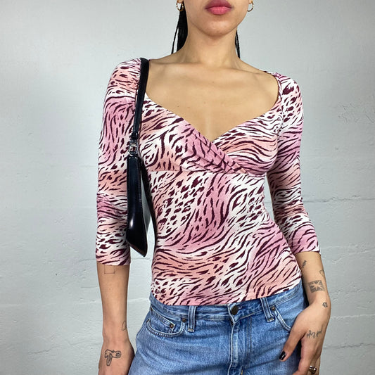 Vintage 2000's Soft Girl Pink Toned 3/4 Sleeve Abstract Printed Top (S)