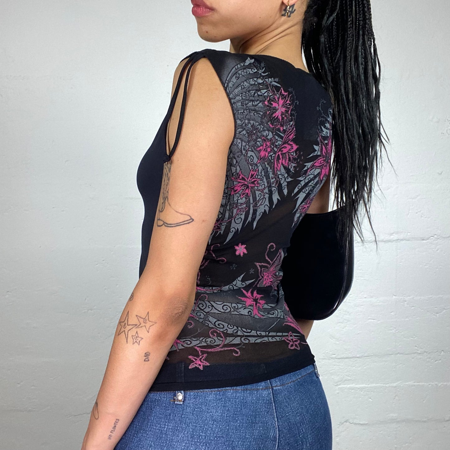 Vintage 2000's Morgan Downtown Girl Black Rubbered Shoulders Tank Top with Mesh Boho Printed Top (S)