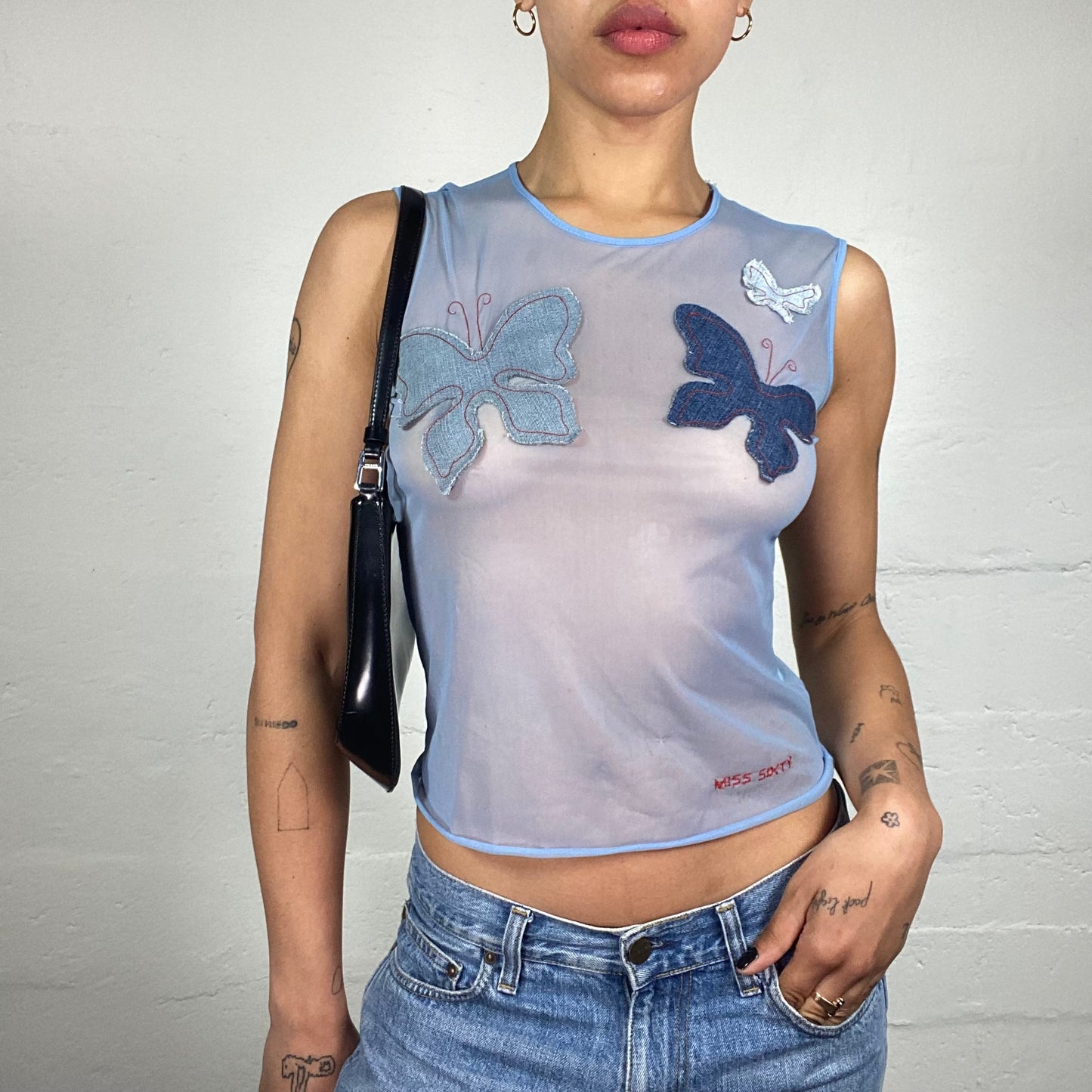 Vintage 2000's Downtown Girl Miss Sixty Mesh See Through Blue Tank Top with Butterflies Embroidery (S)