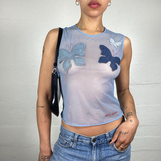 Vintage 2000's Downtown Girl Miss Sixty Mesh See Through Blue Tank Top with Butterflies Embroidery (S)