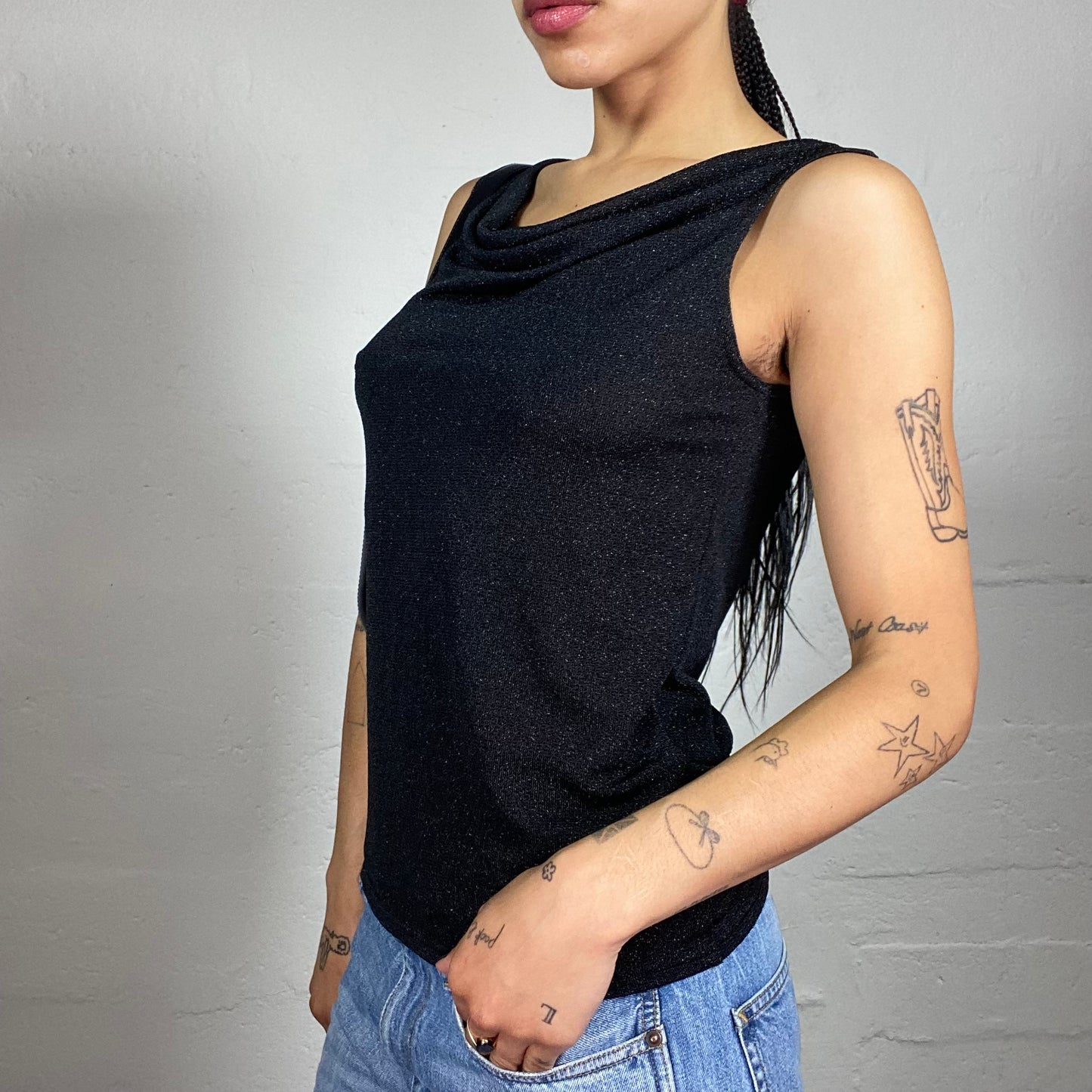 Vintage 2000's Glamorous Black Draped Shiny Sleeveless Top (S)