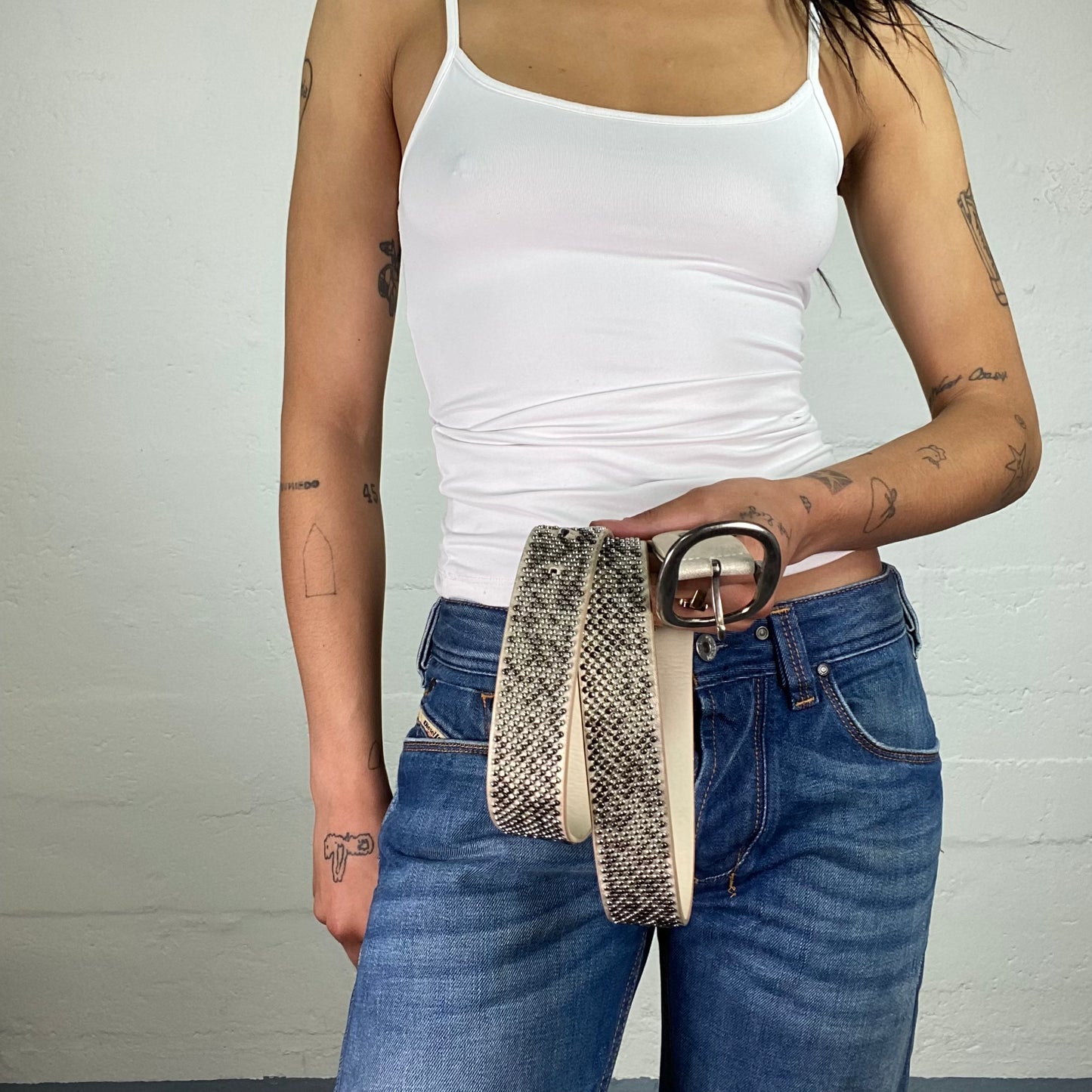 Vintage 2000's Downtown Girl Glam Beige Belt with Metal Mosaic Style Pieces Decoration