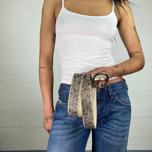 Vintage 2000's Downtown Girl Glam Beige Belt with Metal Mosaic Style Pieces Decoration